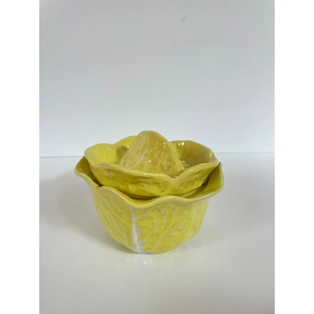 Vintage Yellow Cabbage Leaf Ceramic Lidded Sugar Bowl Majolica Style Jar